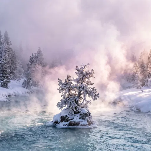 Frosty Tree on Misty Winter River Islet