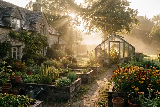 Sunlit Rustic Cottage Garden and Greenhouse