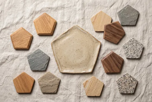 Ceramic and Wooden Pentagon Coasters Flat Lay
