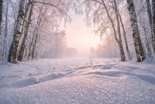 Snowy Birch Forest Clearing at Sunrise