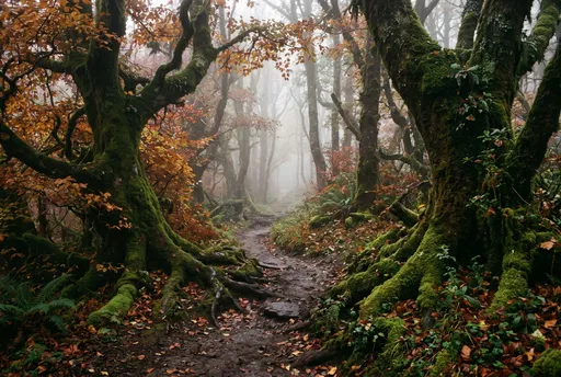 Misty Autumn Forest Trail With Mossy Trees
