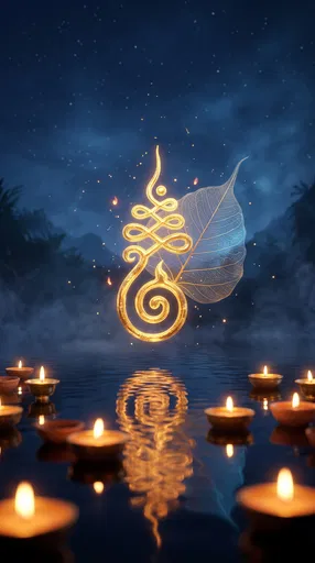 Glowing Golden Unalome and Bodhi Leaf