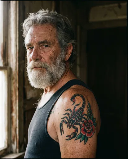 Older Bearded Man With Scorpion Tattoo
