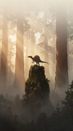 Spinosaurus on Rock in Misty Forest