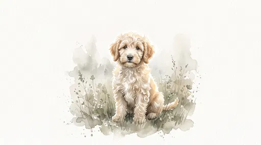 Watercolor Goldendoodle Puppy in Meadow