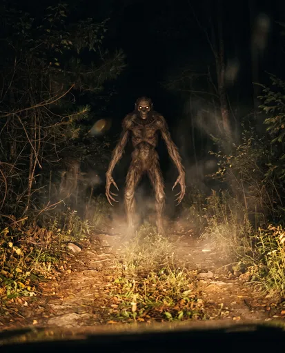 Gaunt Cryptid Monster on Forest Road