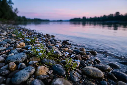 Forget-Me-Not Flowers on Twilight Pebble Riverbank