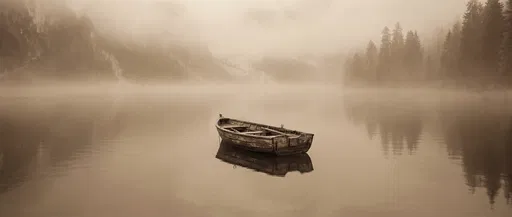 Sepia Rowboat on Foggy Mountain Lake
