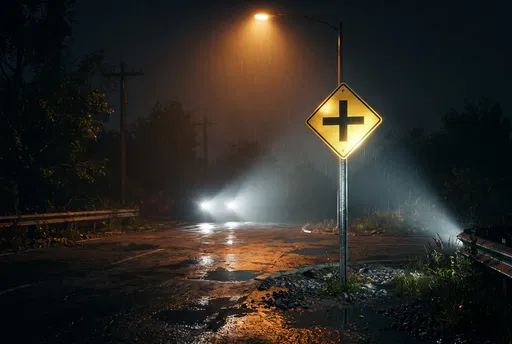 Crossroad Sign on Wet Night Road