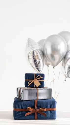Stacked Navy Gifts and Silver Balloons
