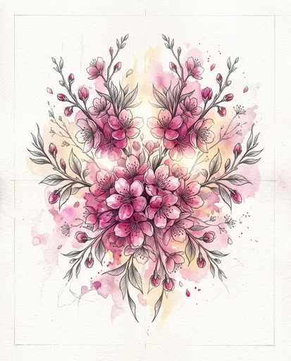 Symmetrical Watercolor Cherry Blossom Botanical Illustration