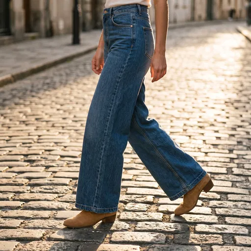 Woman Walking in Wide Leg Jeans