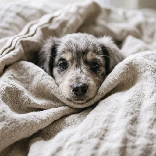 Fluffy Dachshund Puppy in Linen Blanket
