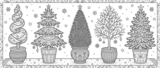Five Potted Christmas Trees Coloring Page