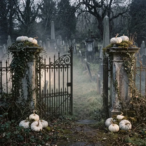 Misty Cemetery Gate with White Pumpkins