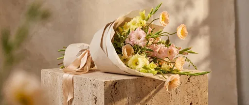 Pastel Gladiolus and Poppy Bouquet on Plinth