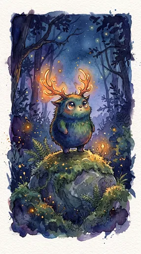 Cute Glowing Antler Monster Watercolor Illustration