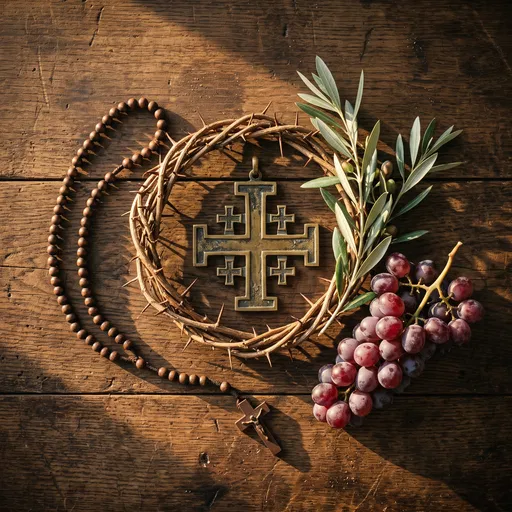 Christian Religious Symbols Flat Lay on Wood