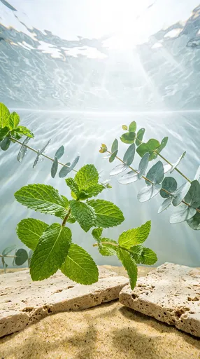 Mint and Eucalyptus Floating Underwater