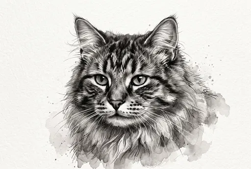 Monochrome Watercolor and Ink Cat Portrait