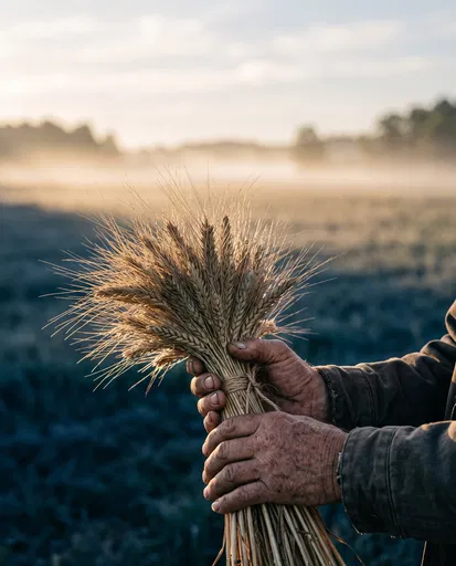 Farmer Hands Holding Tied Wheat Sheaf