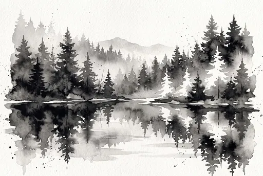 Monochrome Watercolor Pine Forest Lake Reflection