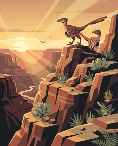 Feathered Velociraptors on Canyon Cliff at Sunset