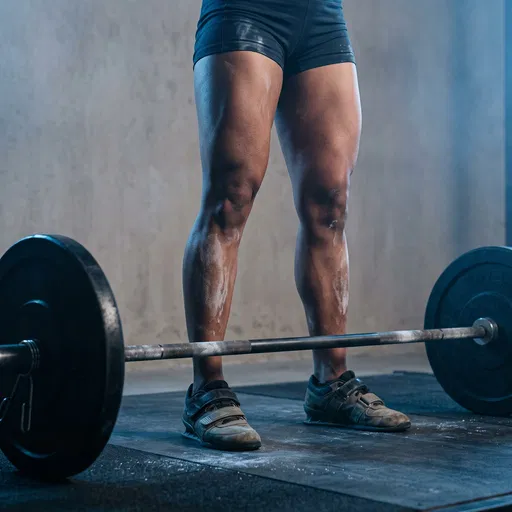Muscular Weightlifter Legs Behind Barbell