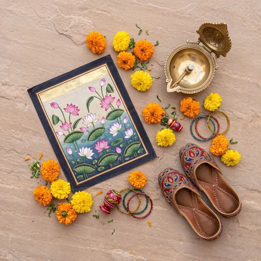 Traditional Indian Crafts and Marigold Flat Lay