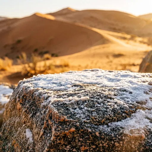 Frosty Granite Boulder Against Golden Desert Dunes
