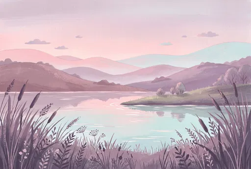 Pastel Gouache Lake and Layered Hills
