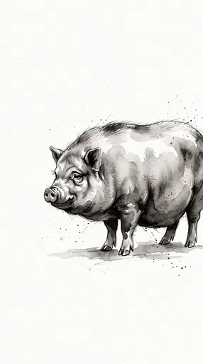 Monochrome Watercolor Pot-Bellied Pig Illustration