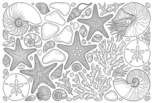 Coastal Shells and Starfish Coloring Page
