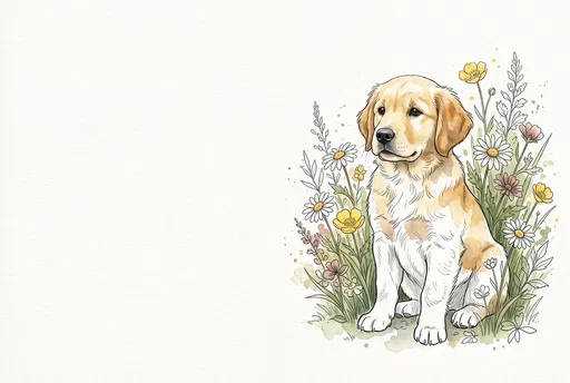 Watercolor Golden Retriever Puppy Among Wildflowers