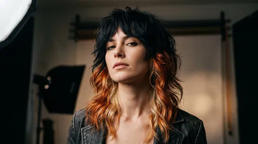 Woman With Multicolored Wolf Cut In Studio
