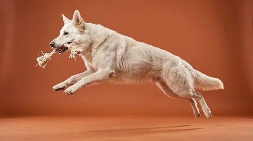 White Shepherd Jumping With Rope Toy