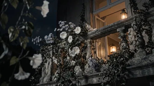 Moonflowers and Asters on Stone Balcony