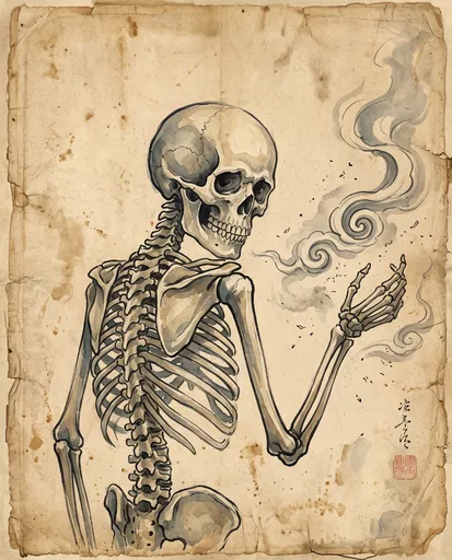 Ink Skeleton and Smoke on Aged Paper