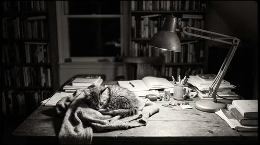 Kitten Sleeping Under Desk Lamp in Monochrome