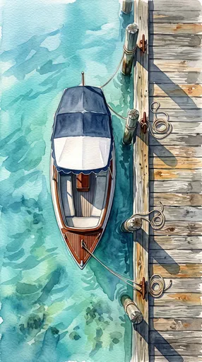 Overhead Watercolor of Canopy Boat at Dock
