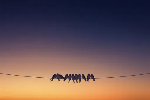 Swallows Perched on Wire at Dusk