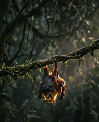 Backlit Flying Fox on Mossy Vine