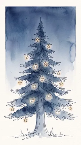 Watercolor Line Art Christmas Tree with Stars