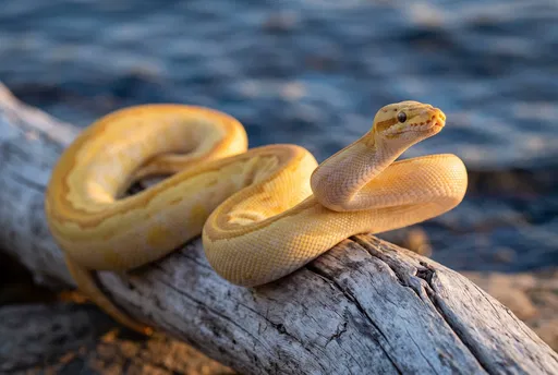Yellow Python Coiled on Driftwood by Water