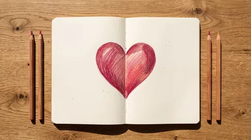 Red Colored Pencil Heart in Open Sketchbook