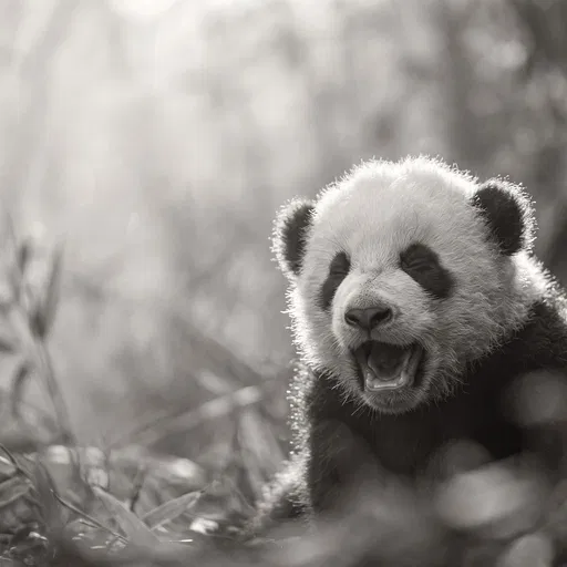 Monochrome Portrait of Yawning Baby Panda