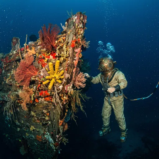 Vintage Diver Inspecting Coral Shipwreck Bow
