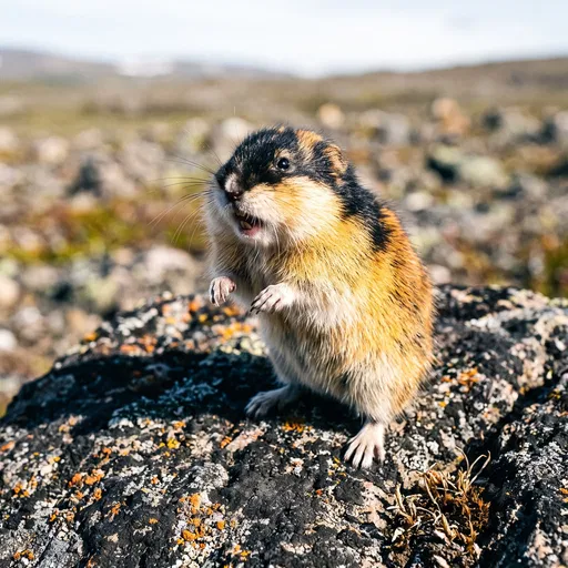 Norway Lemming Standing on Lichen Rock