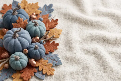 Felt Blue Pumpkins and Autumn Leaves Background