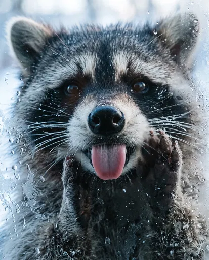 Curious Raccoon Behind Frosted Winter Window